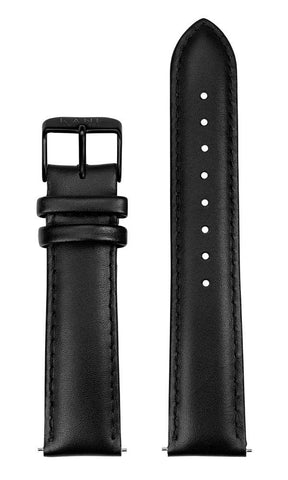 KANE Watches minimal men's watches with interchangeable straps. All Black Strap Classic Black Italian Leather mens interchangeable watch strap featuring black buckle. Front view.