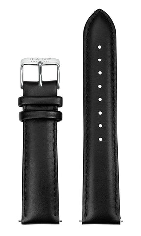 KANE Watches minimal men's watches with interchangeable straps. All Black strap Classic Black Leather mens interchangeable watch strap. Back view.