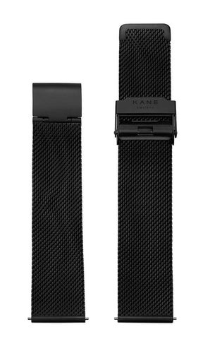 KANE Watches minimal men's watches with interchangeable straps. All Black Stainless Steel Milanese Mesh interchangeable watch strap. Front view.