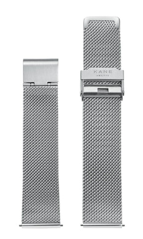 KANE Watches minimal men's watches with interchangeable straps. Stainless Steel Silver Mesh Milanese mens interchangeable watch strap. Front view.